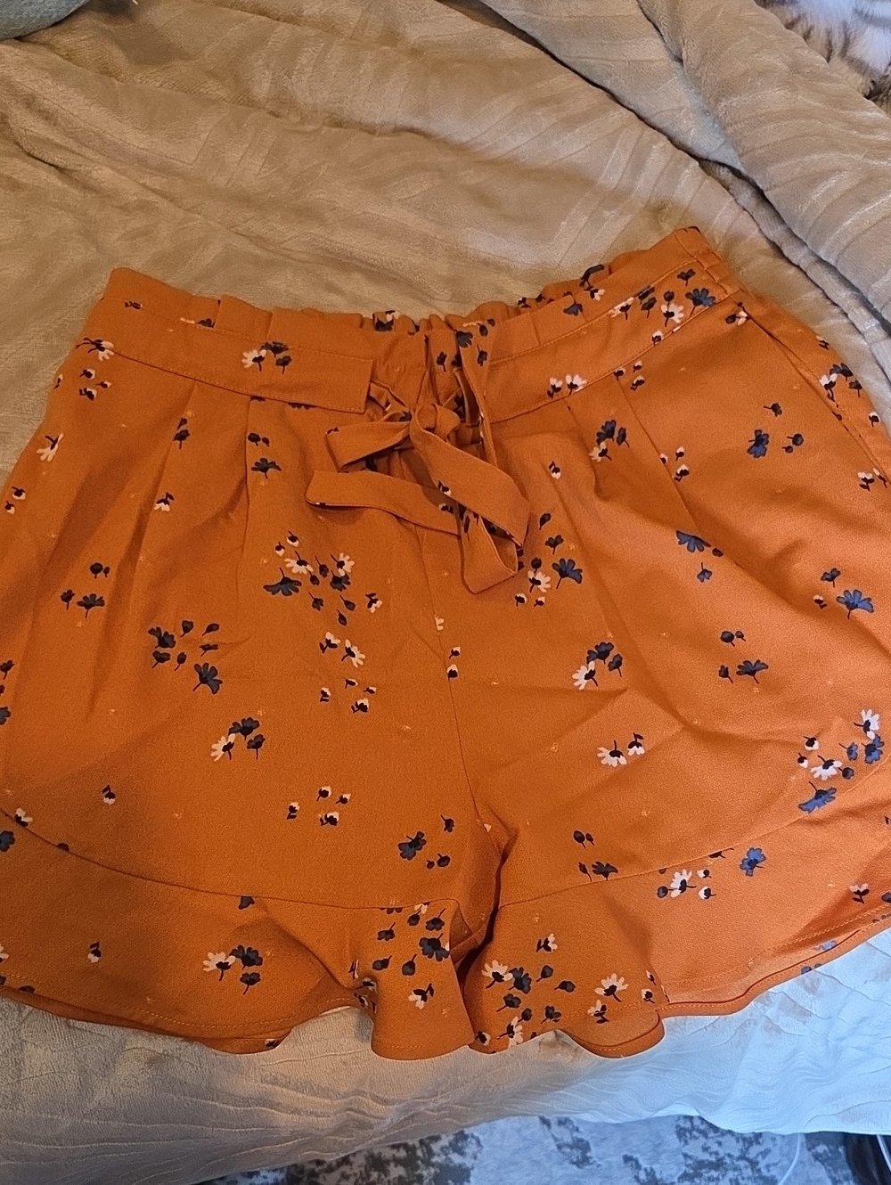 DR2 Rust Orange Floral Tie-Front Ruffle Shorts